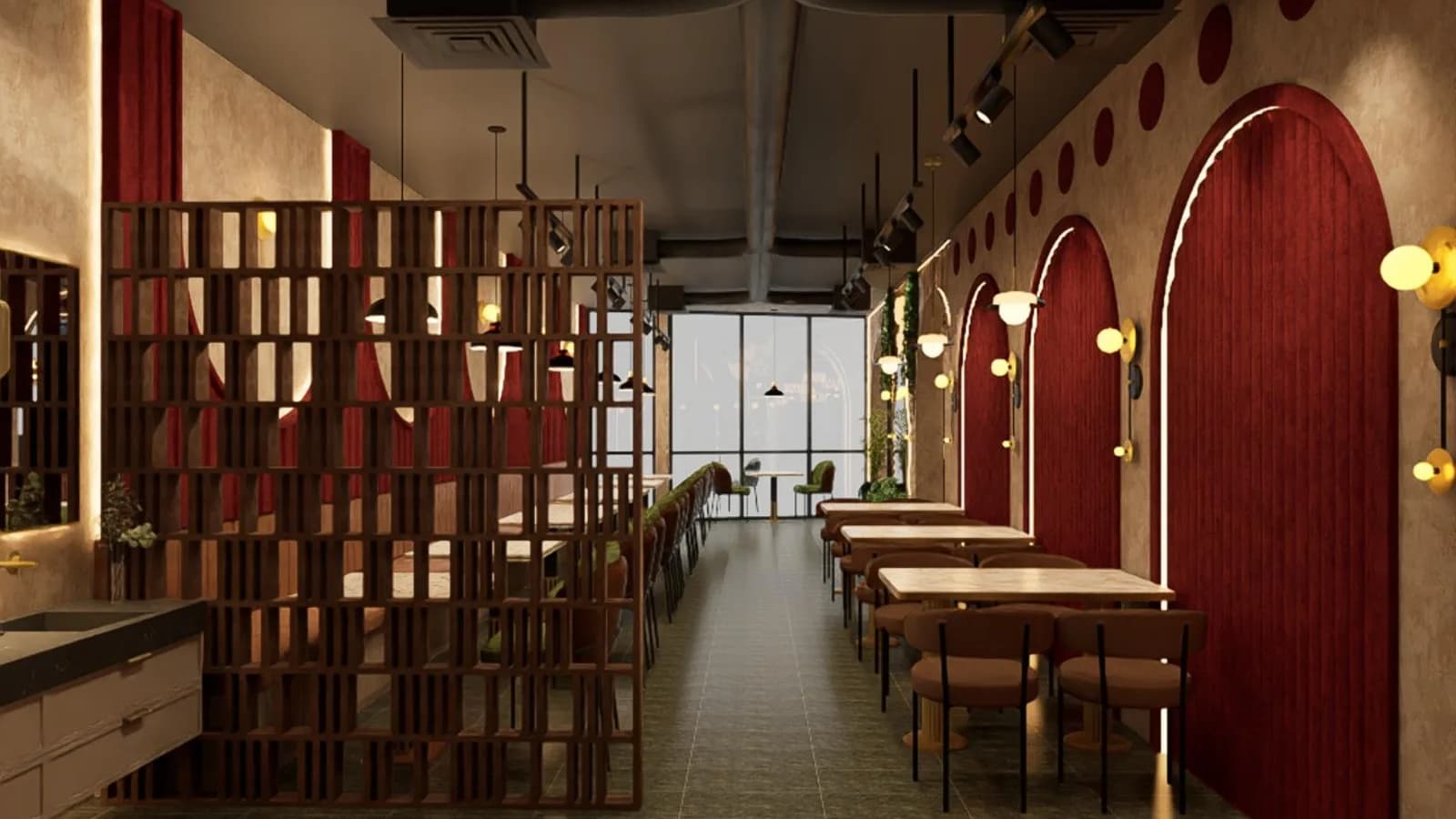 A rendering of a corridor of red arched booth alcoves at Khalil Biriyani House