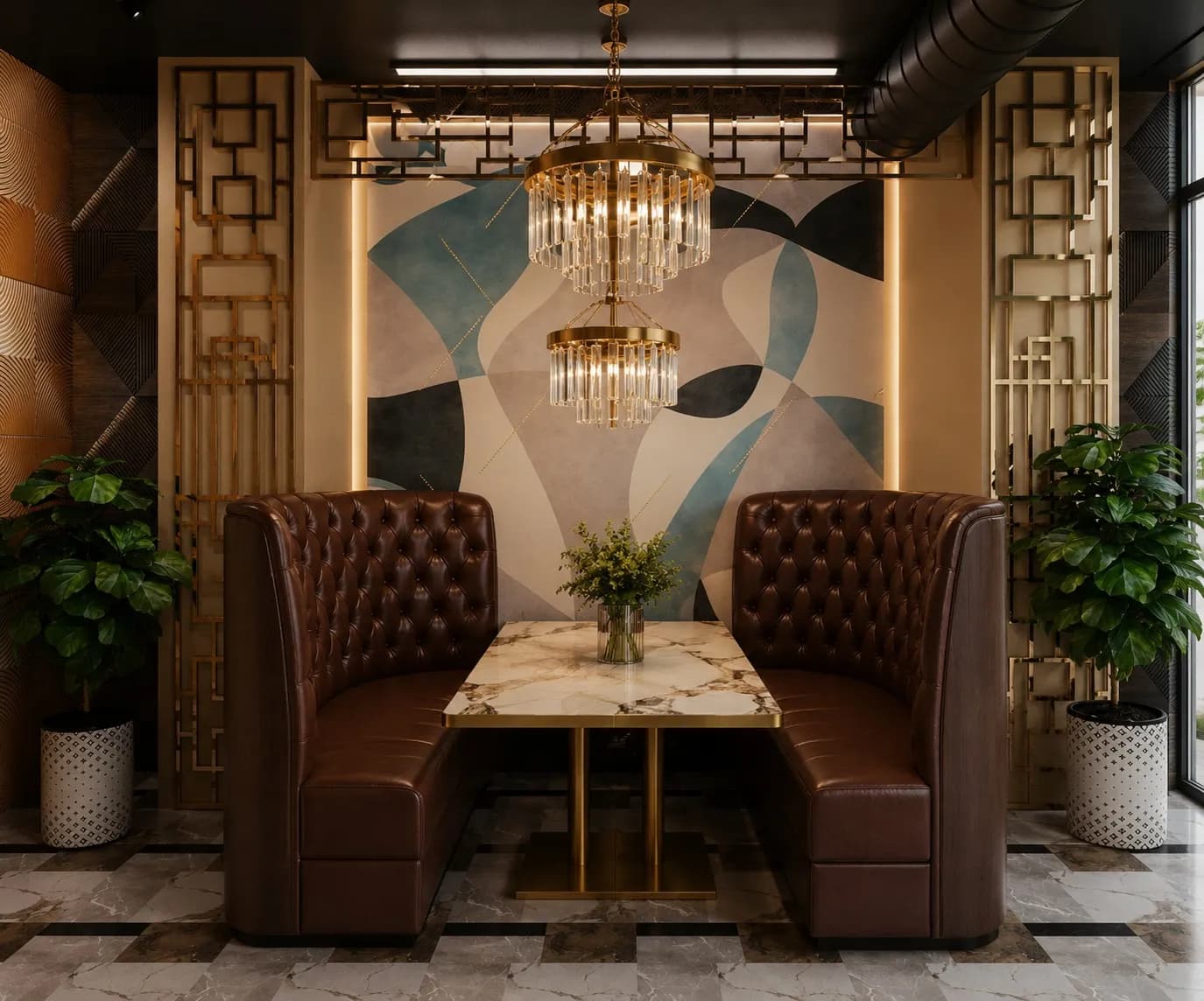 A rendering of a two-seat booth at Xinxian Chinese under a tiered chandelier