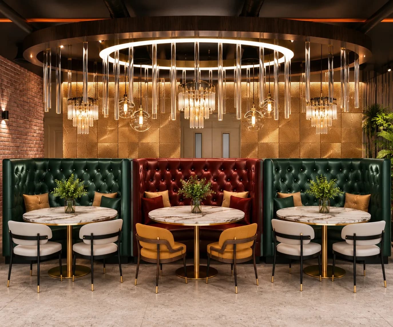 A rendering of Xinxian Chinese's dining room with green and burgundy booth seating
