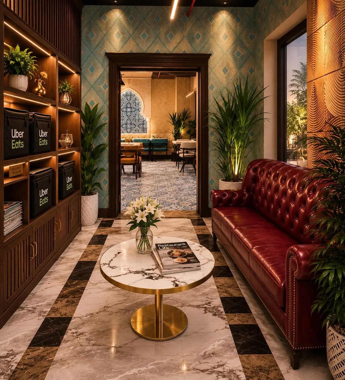 A rendering of Xinxian Chinese's entry lounge with patterned wallpaper and a leather sofa