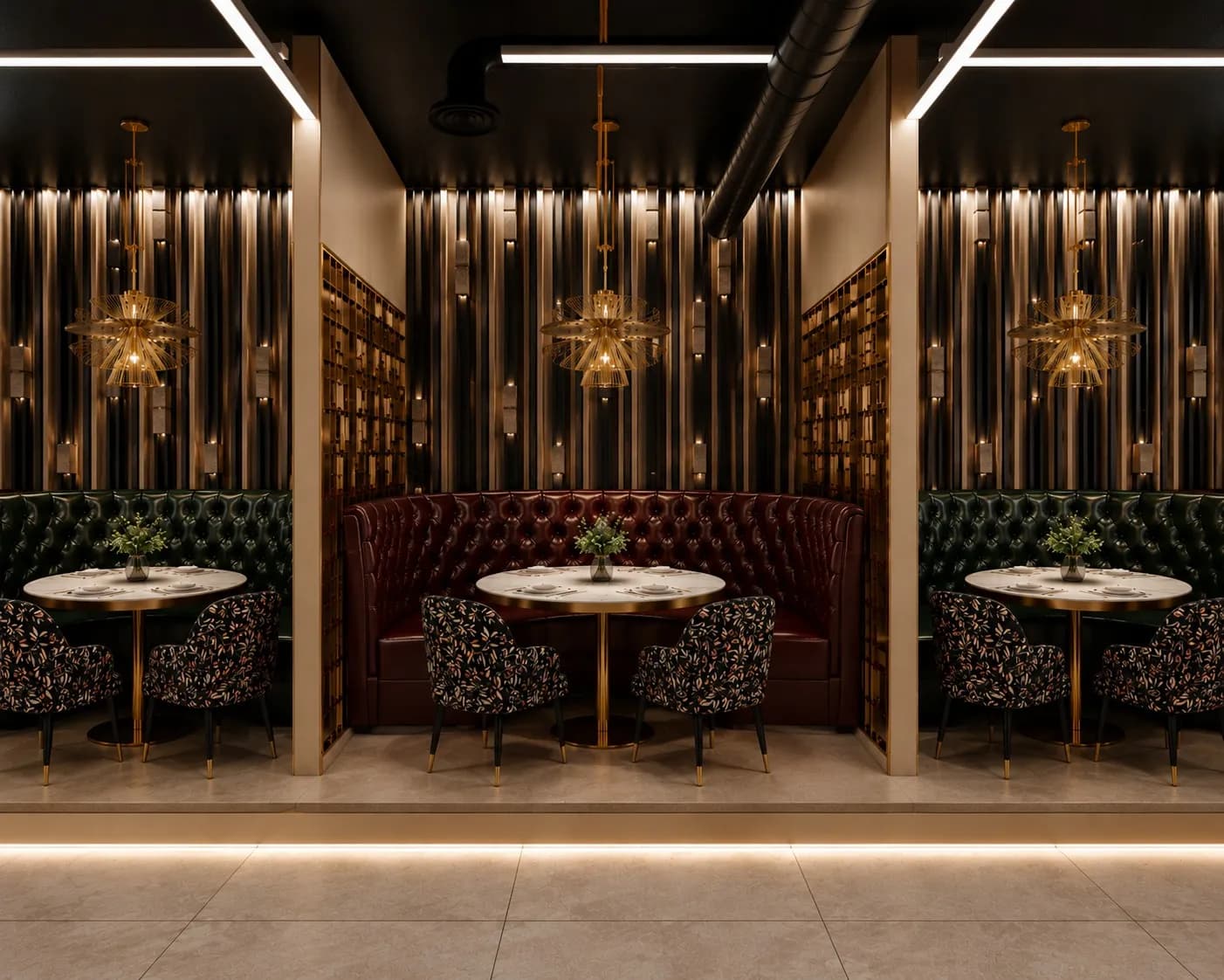 A rendering of semi-private dining booths at Xinxian Chinese under starburst pendant lights