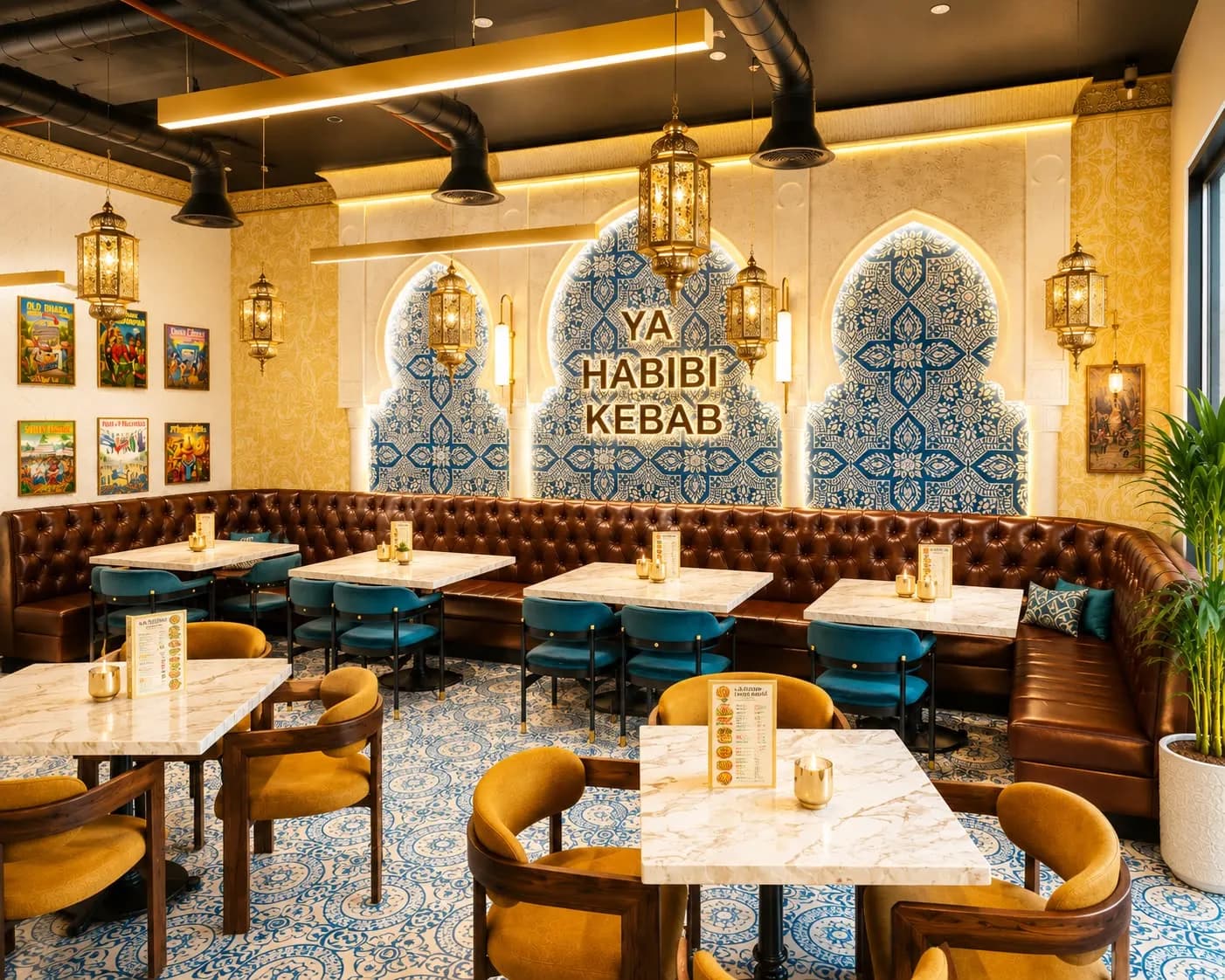 The finished dining room of Ya Habibi Kabab & Karahi with Moroccan-tiled arches