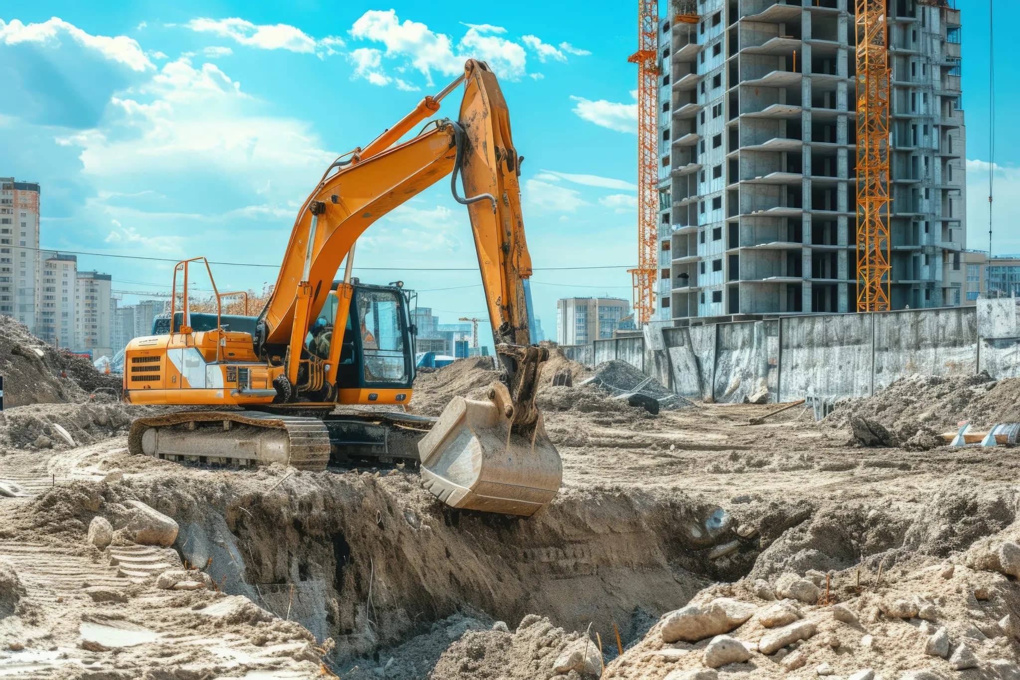 An excavator working a residential construction site under a blue sky