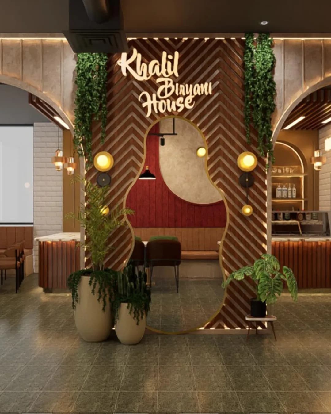 A 3D architectural rendering of a planned interior space