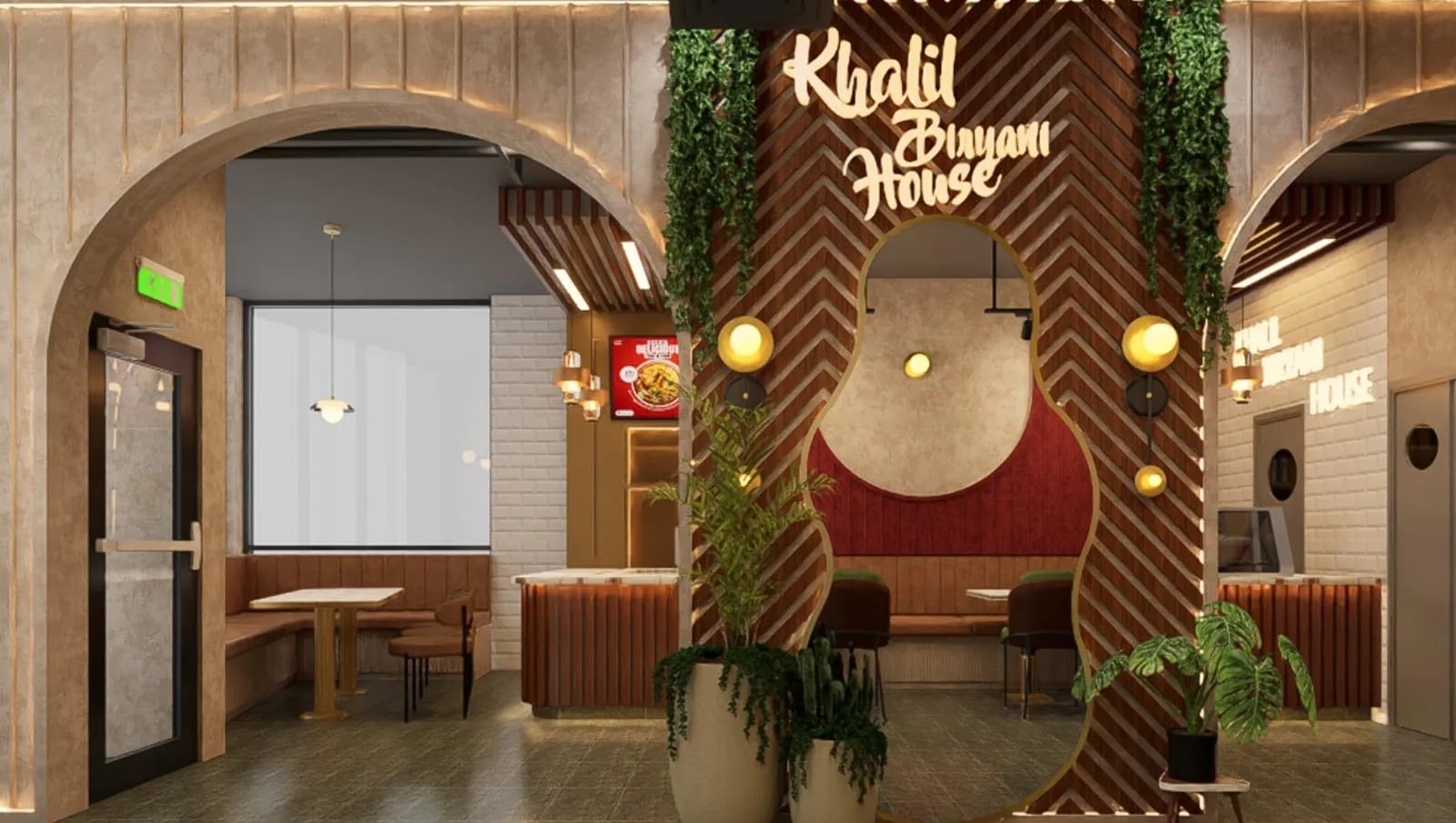 A rendering of Khalil Biriyani House's chevron-panelled entrance arch with the restaurant's cursive sign