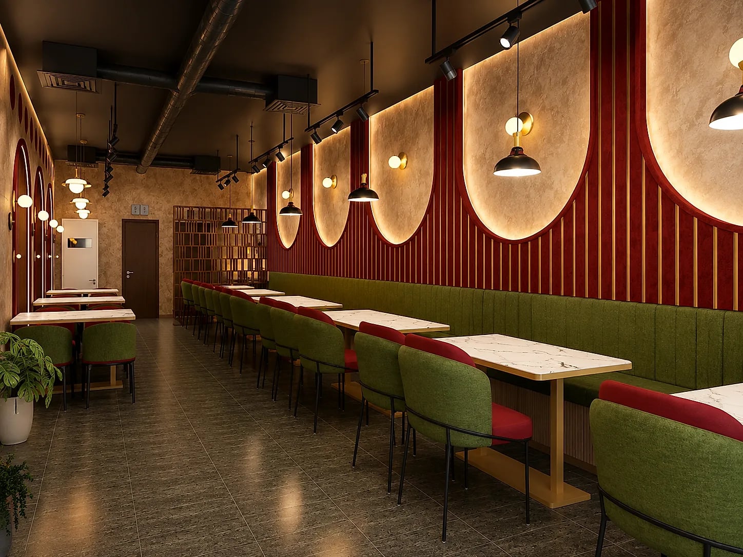 The same restaurant interior finished, with lit arch panels, banquette seating and marble tables